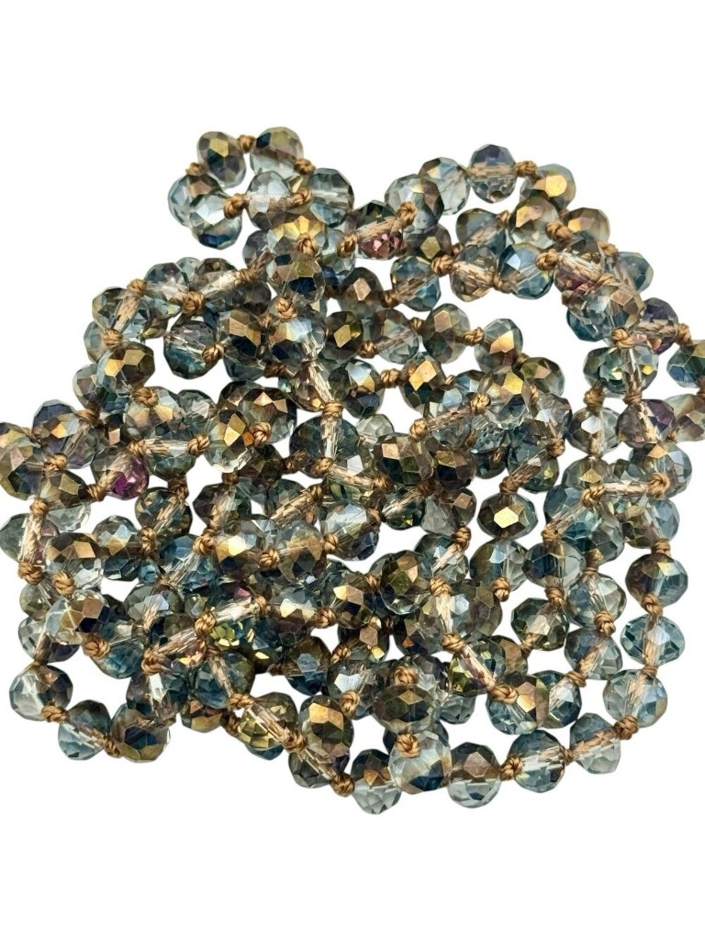 Vintage Crystal Bead Flapper Necklace 58” Hand Knotted Silk Faceted Blue Purple